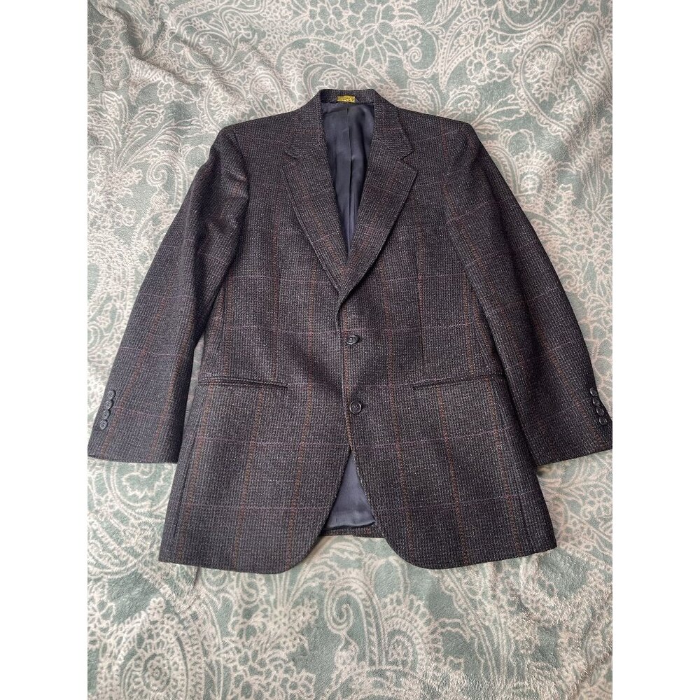 Vintage 80's Barrister Men's‎ Plaid Woven Gray Wool Blazer Jacket Heyward Mahon